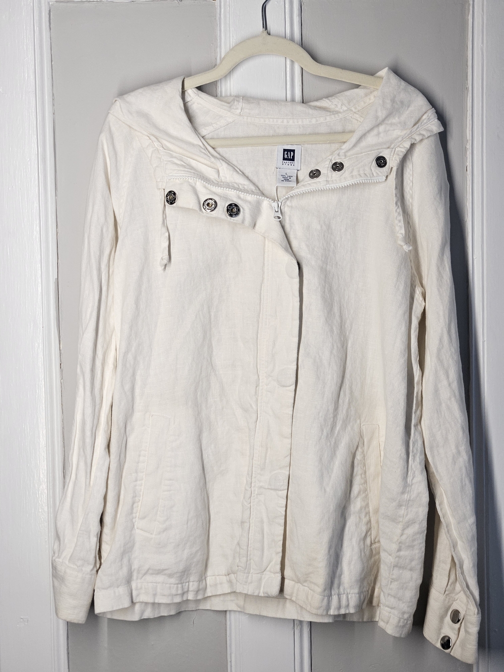 GAP Factory 100%linen Off-White Hooded Utility Jacket with Snap Accents